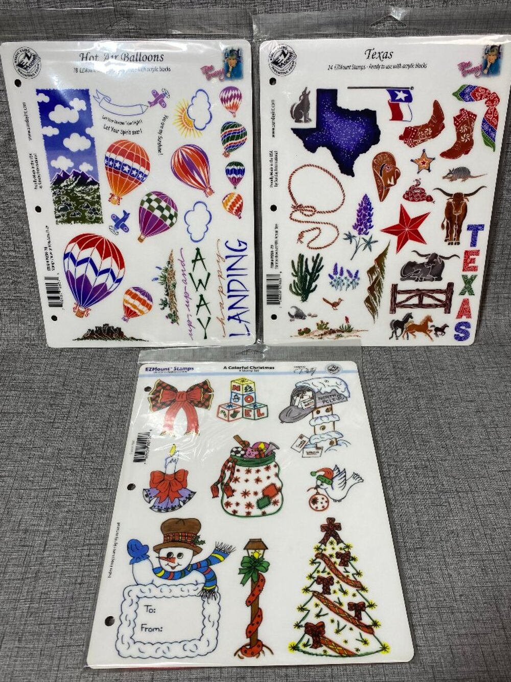 NEW EZMount Rubber Clings Stamps Texas Christmas Hot Air Balloon Lot Of 3 NIP